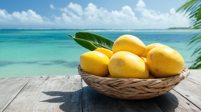 Sweet ripe mango harvest in tropical garden vibrant fruit beauty by the ocean refreshing paradise view