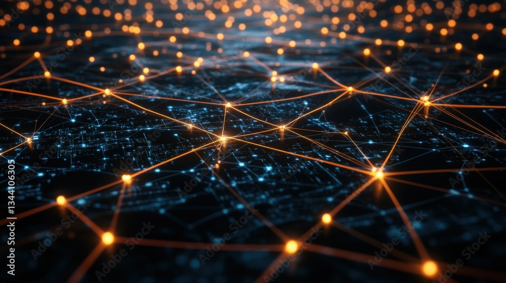 Poster abstract digital network visualization with glowing orange nodes interconnected by thin lines on a d