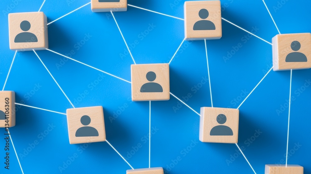 Poster a 3d rendering of a social technology concept is depicted on a wooden block with a user symbol, feat