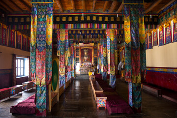 Tibetan people visit praying in Diskit Monastery or Deskit Galdan Tashi Chuling Gompa in the Nubra Valley at Leh Ladakh on March 21, 2019 in Jammu and Kashmir, India