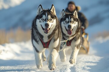Fototapeta premium Huskies Sledding Snowy Mountains Winter Sport