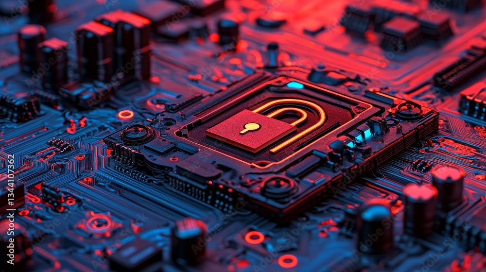 Poster a microchip features an information technology concept with an info symbol, as data moves from the c