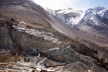 Diskit Monastery Galdan Tashi Chuling Gompa in Hunder or Hundar village of nubra tehsil valley while winter season for tibetan and people travelers visit at Leh Ladakh in Jammu and Kashmir, India