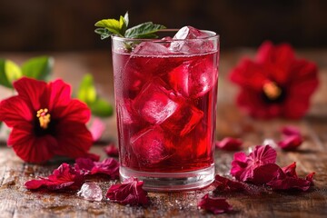 Iced hibiscus tea, mint, wood, petals, drink