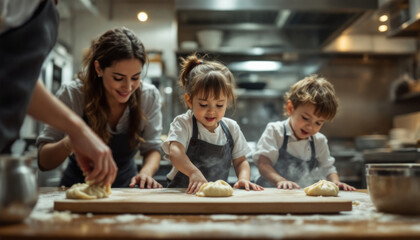 Family Baking Fun: A heartwarming scene of a mother and her two children joyfully preparing dough in a professional kitchen setting, creating cherished memories.
