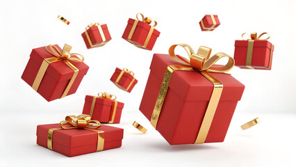 Obraz premium A collection of red gift boxes with golden ribbons floating on a white background studio shot