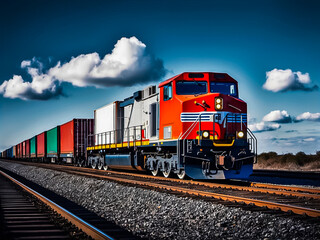 Fototapeta premium Container freight train by diesel locomotive running in the sunny day.