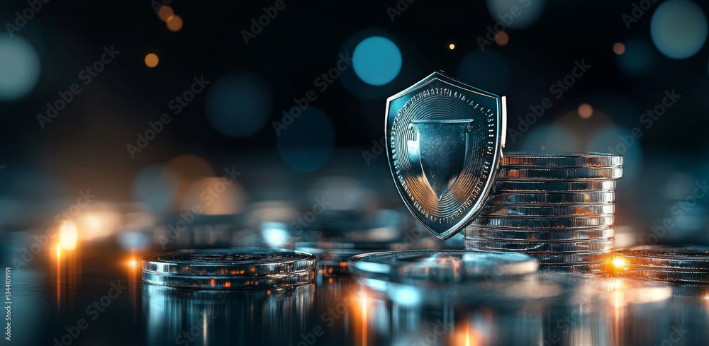 Poster silver coins are stacked on a table, reflecting soft lights. in the foreground, a shiny shield symbo
