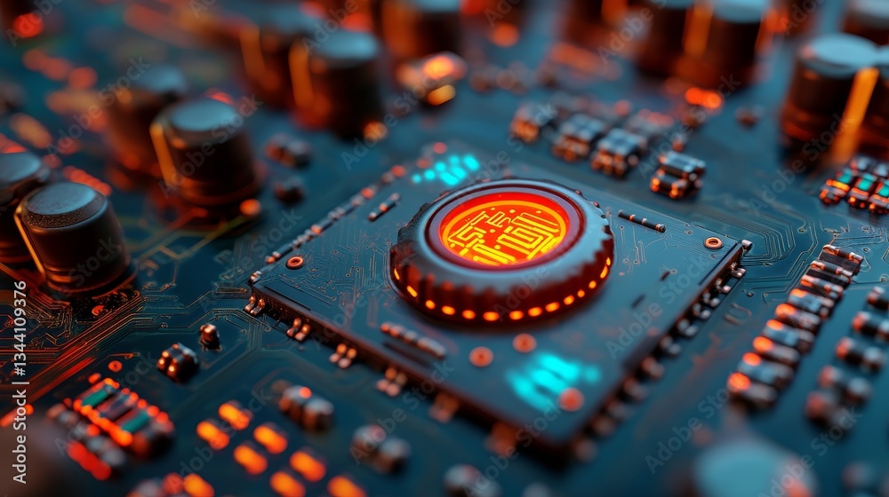 Poster activate technology concept with power symbol on a microchip, where orange neon data flows between t