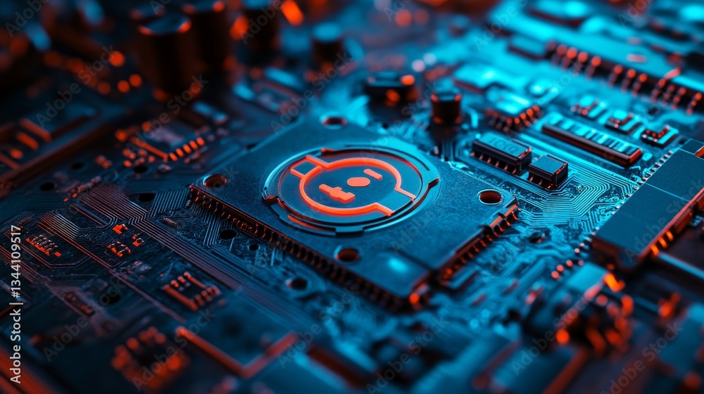 Poster configure technology concept with tool symbol on a microchip, where white neon data flows between us
