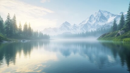 Peaceful Landscape with Foggy Lake and Sunrise Glow