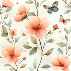Watercolor seamless pattern of pink flowers and butterflies with green leaves on white background
