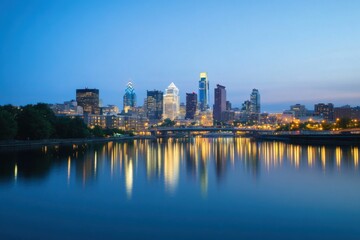 Fototapeta premium City skyline at dusk long exposure with space for text at bottom