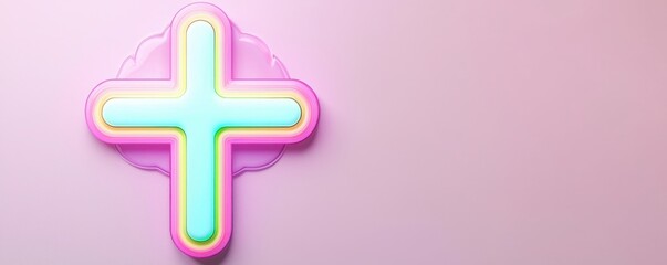 Obraz premium A colorful neon cross symbol against a soft pink background, creating a modern and playful aesthetic ideal for design or art applications.