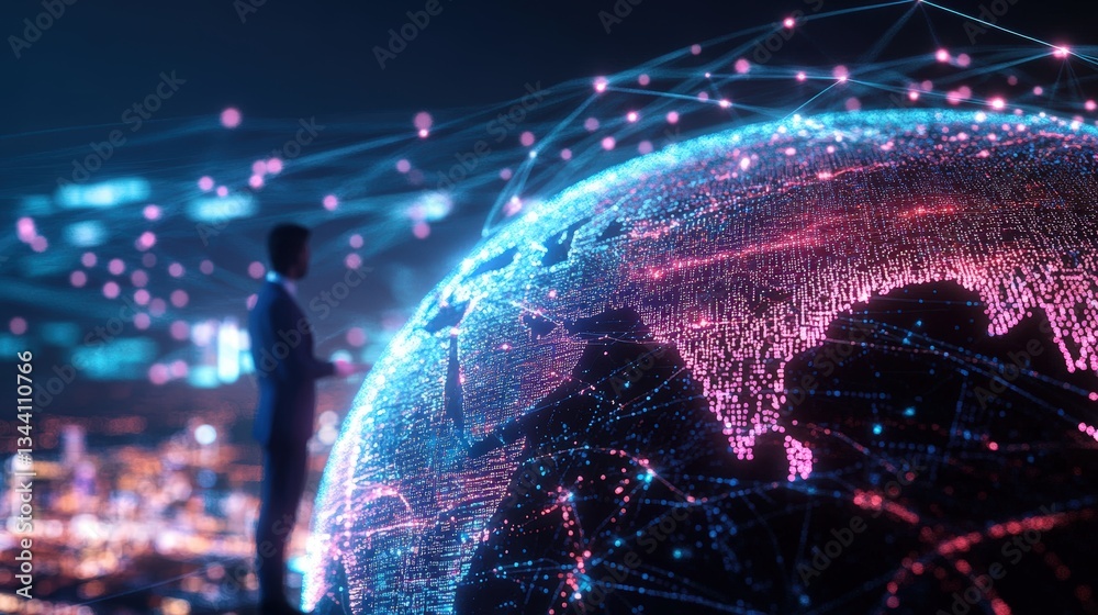 Poster silhouetted businessman in front of a glowing digital earth representation interconnected by a compl