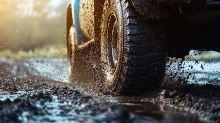 A rugged off-road vehicle splashes through muddy terrain during an adventurous outdoor excursion at sunset