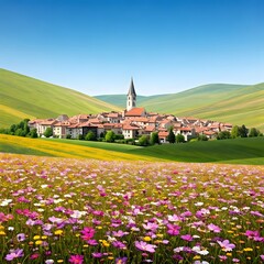 A picturesque village nestled in a valley, surrounded by rolling hills, dotted with colorful flowers, and beneath a bright blue sky, Ai Generated