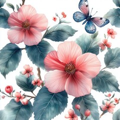 Watercolor Seamless Pattern of Pink Flowers Green Leaves Butterflies and Dragonflies on White Background