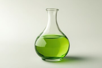 Clear glass vase filled with bright green liquid on a white surface in studio lighting