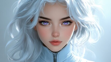Fototapeta premium Anime Style Portrait of White Haired Girl with Lavender Eyes in Modern Jacket