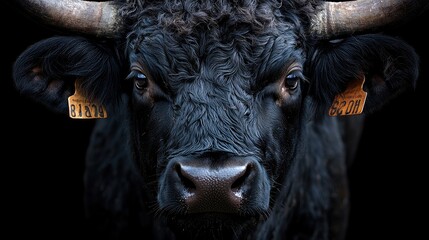 Close-up of a black cow with ear tags against a dark background, showcasing its features