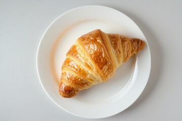 Croissant on white plate with beige tones, top-down composition and soft studio lighting