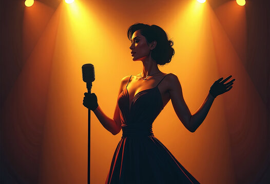 Female jazz singer silhouette with microphone in spotlight for music blogs, concert posters, World Jazz Day events, entertainment websites, and promotional materials - Powered by Adobe
