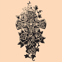 black and white tattoo design of Jesus Christ and God Cross