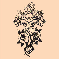 black and white tattoo design of Jesus Christ and God Cross