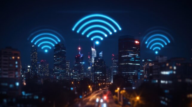 Glowing Wi-Fi symbols illuminate modern city skyline at night, representing the expansive reach of wireless connectivity in urban environments.