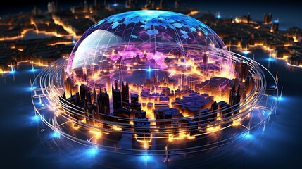 Futuristic Cityscape: Global Network Under a Protective Dome
