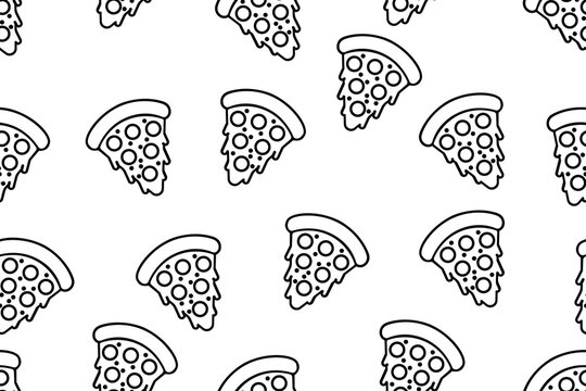 Black Outline Pizza Slice Seamless Vector Pattern on White Background