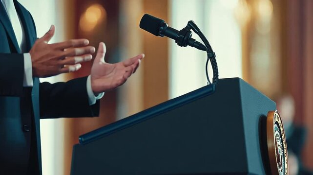 Rhetoric in Action: An unseen speaker addresses an audience from behind a classic lectern, microphone prominent, with hands gesturing and ready to give a speech.