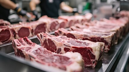 Thick slabs of prime rib lined up in an industrial meat cutting station