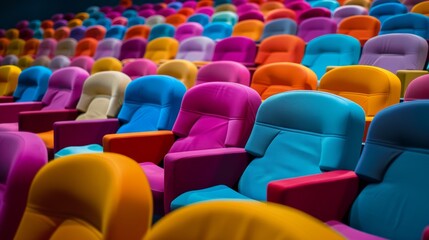 Fototapeta premium Bright and Inviting Colorful Chairs Awaiting Audience in Empty Auditorium