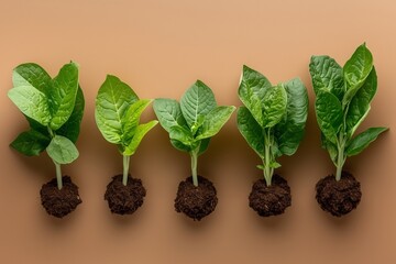 Soft-lit high-resolution image of multiple tobacco plants in different growth stages, displayed against a solid warm taupe background.