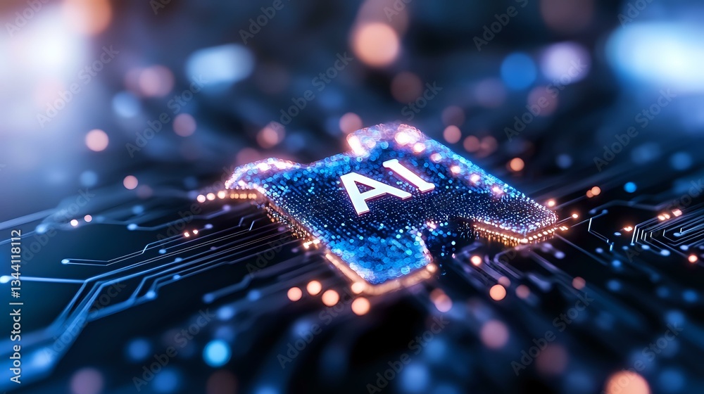 Poster glowing ai processor chip on circuit board with blue light effects and digital connections, futurist