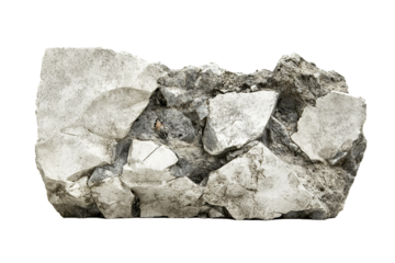 A shattered concrete fragment, a stark testament to time's relentless erosion, showing textures of decay and resilience against a clean white background.
