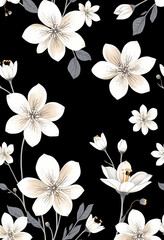 Elegant Floral Pattern Design: Stylish Black and White Botanical Background for Wedding Textiles and Decorative Art