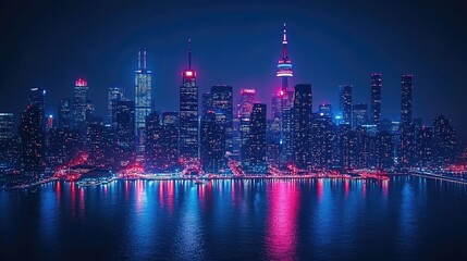 Fototapeta premium Nighttime skyline of a vibrant city reflecting colorful lights on water