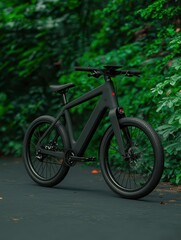 Fototapeta premium Sleek Black Bicycle Surrounded by Lush Greenery in Urban Environment