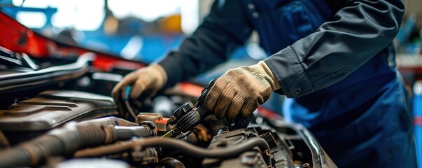 Mechanic's gloved hands service a car engine in an auto repair shop