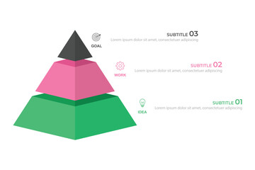 Triangle pyramid chart template with three colorful steps. Infographic diagram divided into three options with numbers.