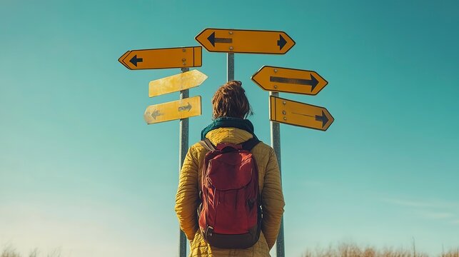 Person contemplating choices while standing among multiple road signs in a sunny outdoor setting