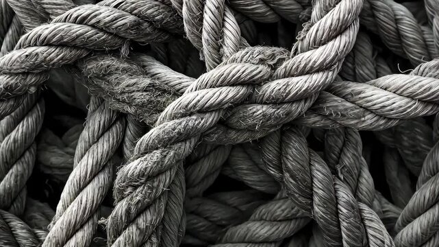Close up of a tangled pile of thick ropes. A tangled mess of assorted ropes	