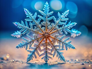 Macro Photo of Intricate Fernlike Snowflake Crystal on White Background - Bokeh Effect