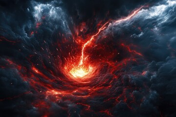 Fiery vortex erupting from a dark stormy sky