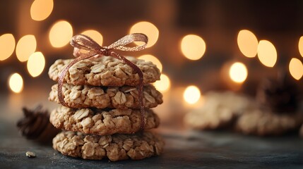 Stack of oatmeal cookies tied with a ribbon and festive lights.