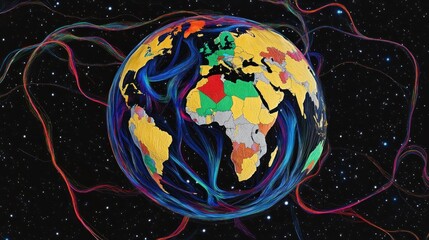 Fototapeta premium Earth map, colorful regions, cosmic streams, global connections