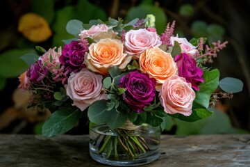Flower bouquet in vase with soft window lighting and copy space on left